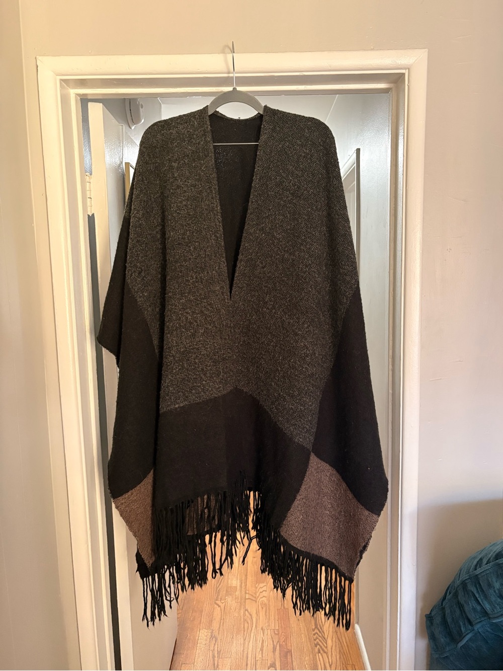 Cozy Colorblock Fringe Poncho in Charcoal, Brown, and Black